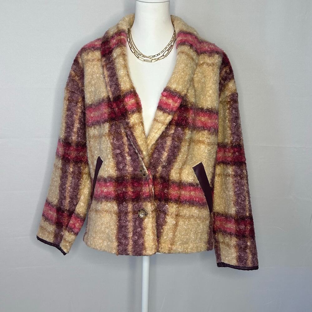 Knox Rose Womens M Plaid Teddy Jacket Faux Fur Tan Burgundy Button Front